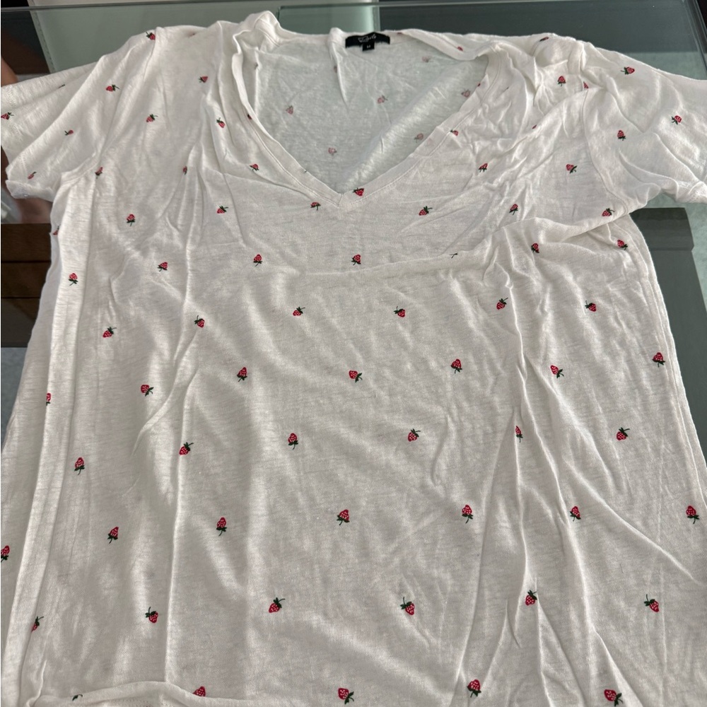 RAILS MEDIUM White V-Neck Women's Tee with strawberries